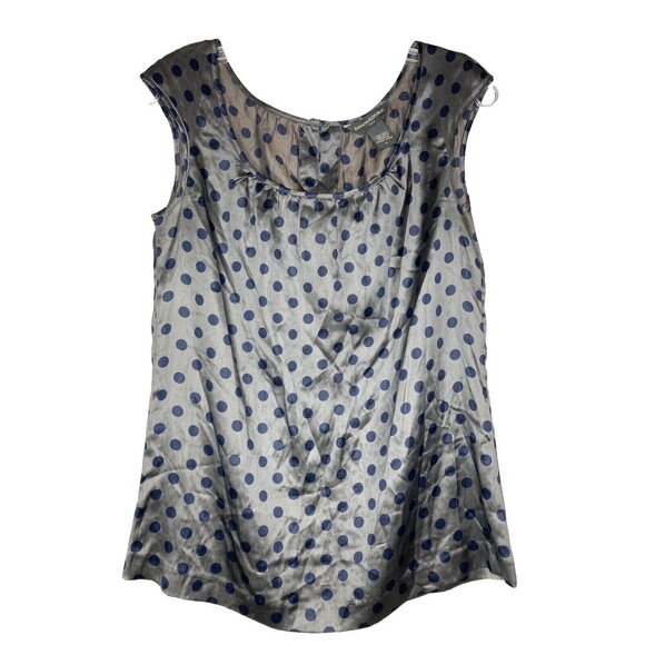 Banana Republic Silk Blouse Women Small Gray Navy Blue Polka Dots Cap Sleeve - Picture 1 of 5